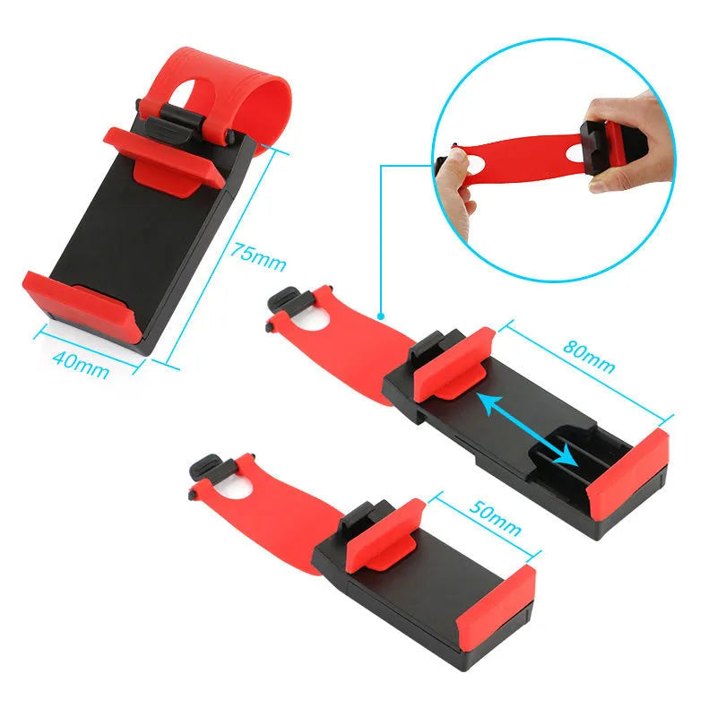 Universal car steering wheel clip mount holder for mobile phones in black and red