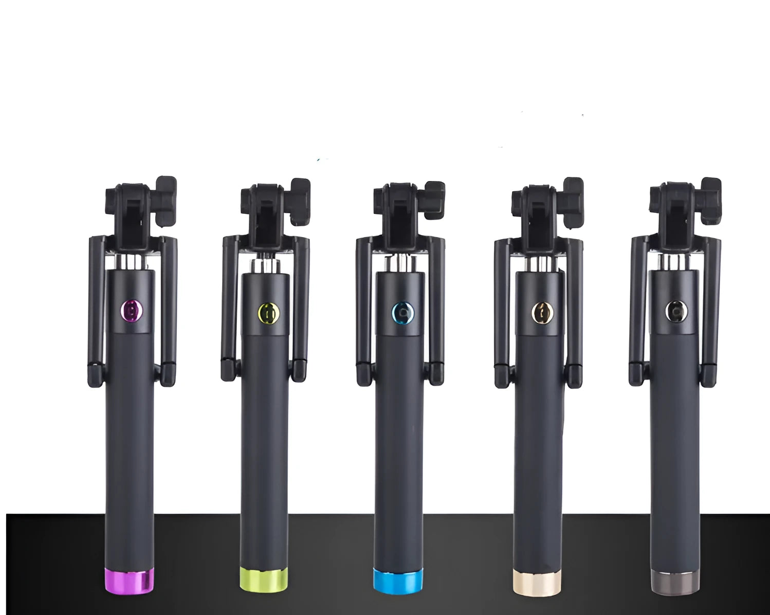Telescopic aluminium self-timer rod with a remote trigger line, shown in blue, gold, black, rose red, green, and purple colour options.