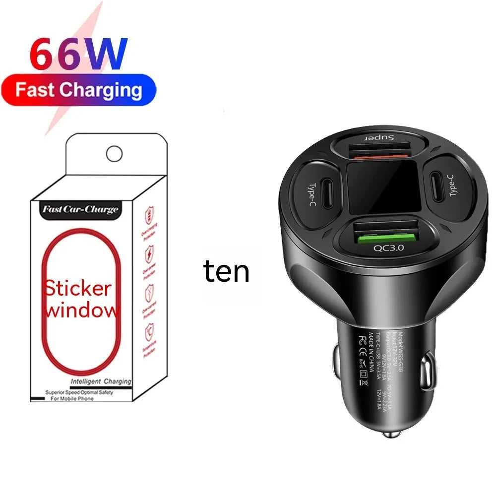 66W digital display car charger with 2USB and 2Type-C ports for fast charging
