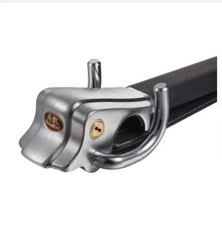 Black car steering wheel lock with alarm, alloy body and artificial leather handle, folded for storage