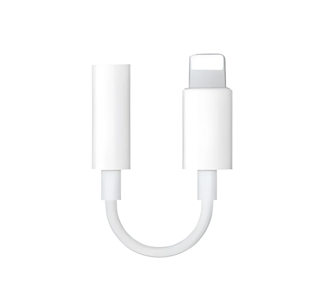 White Lightning to 3.5mm headphone adapter cable for iPhone showing 12cm TPU rubber cable with connectors