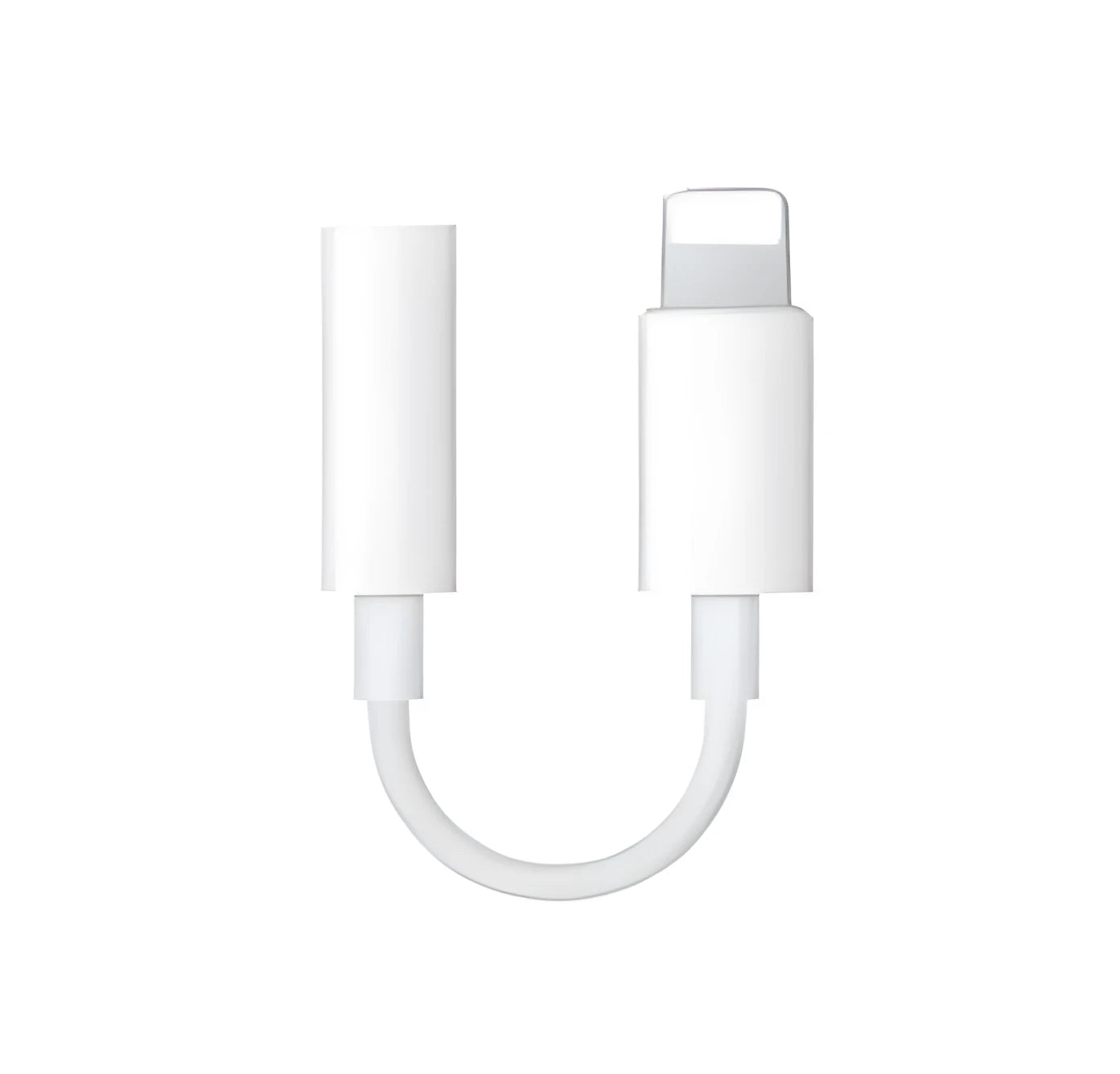 White Lightning to 3.5mm headphone adapter cable for iPhone showing 12cm TPU rubber cable with connectors