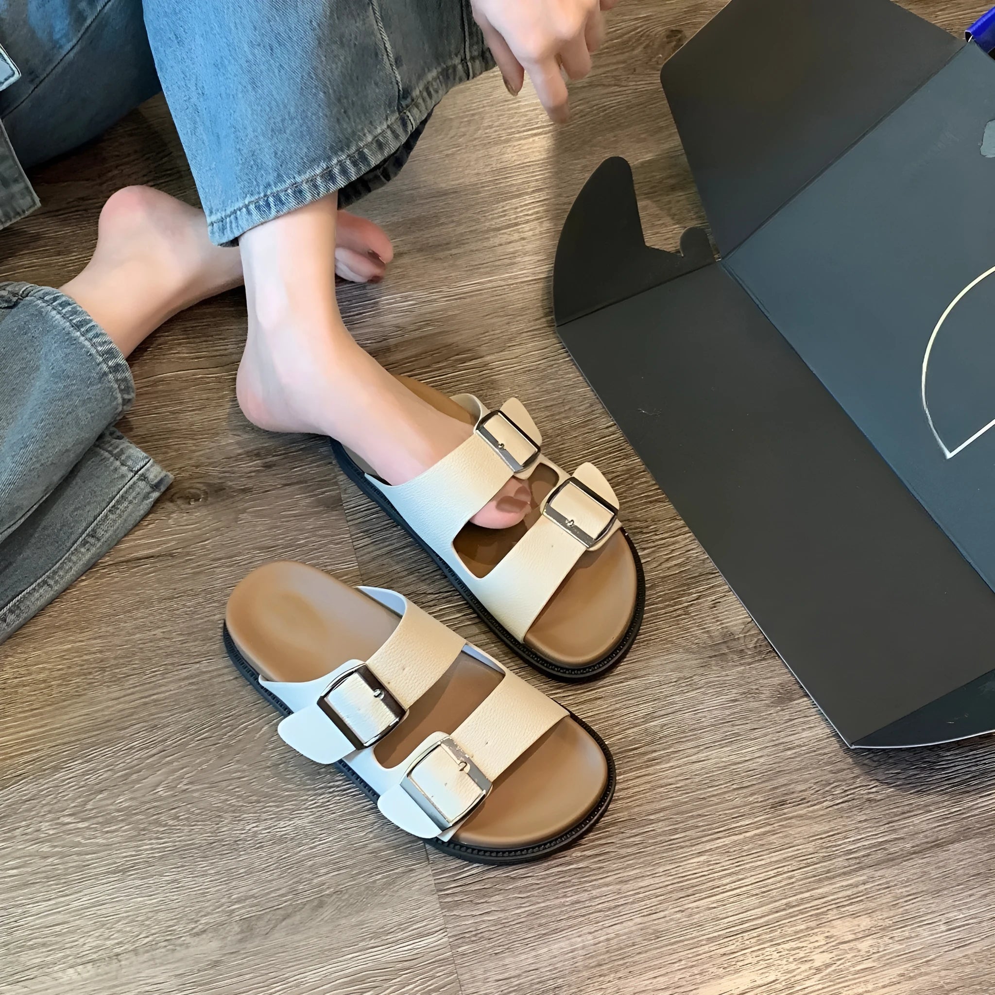 Women's casual summer slippers with belt buckle, microfiber upper, round toe, available in multiple colours and sizes 35-40