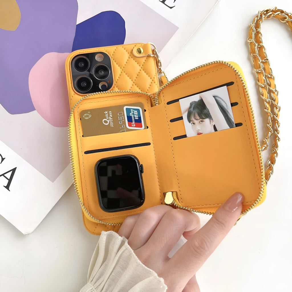 Lambskin phone case for Apple iPhone with card holder in white, showing front and back view