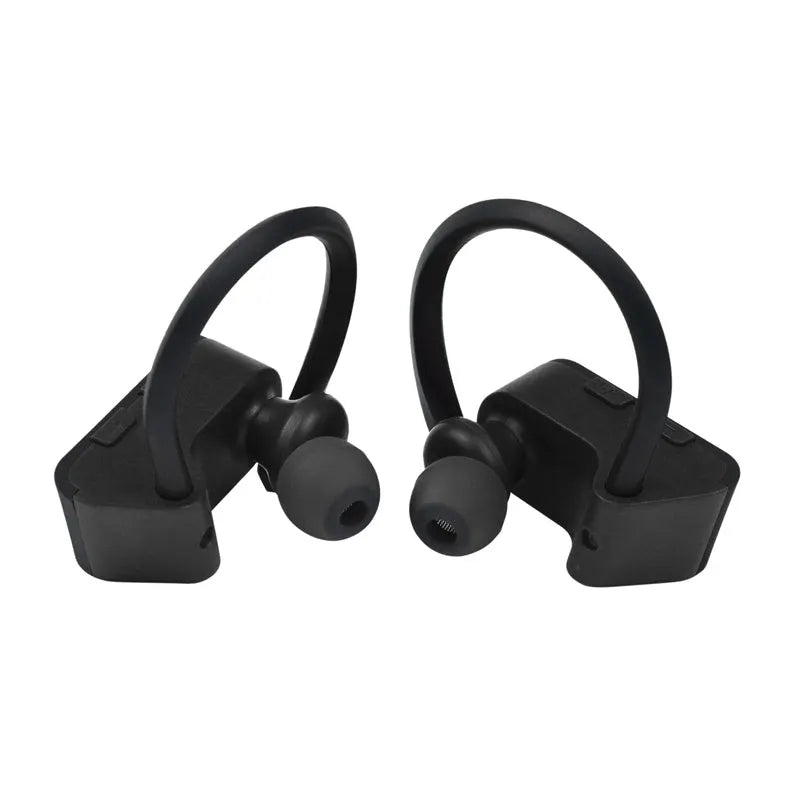Black wireless Bluetooth earphones with ergonomic design and inline controls for V5.0 connectivity.