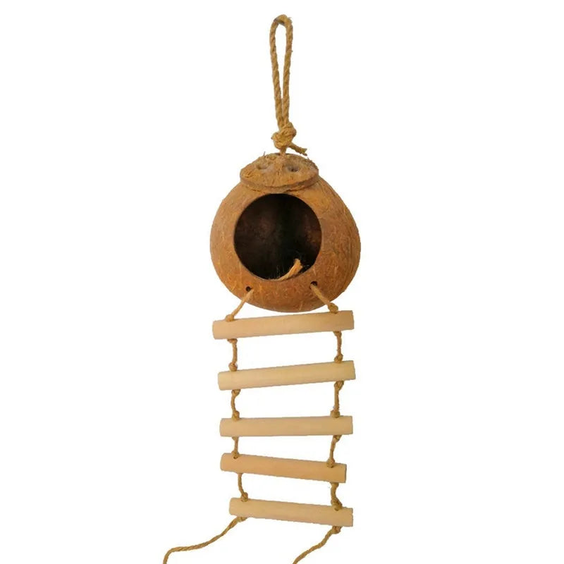 Natural coconut shell bird nest with ladder for parrots and hamsters, 11 cm total diameter