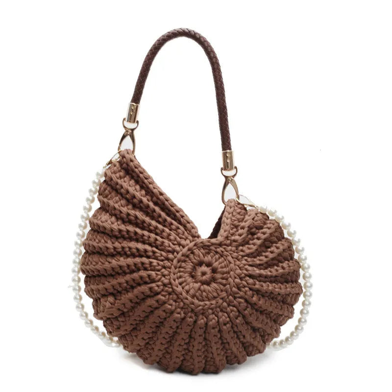 Handmade woven women's shoulder bag in European American retro style with double straps and built-in phone compartment