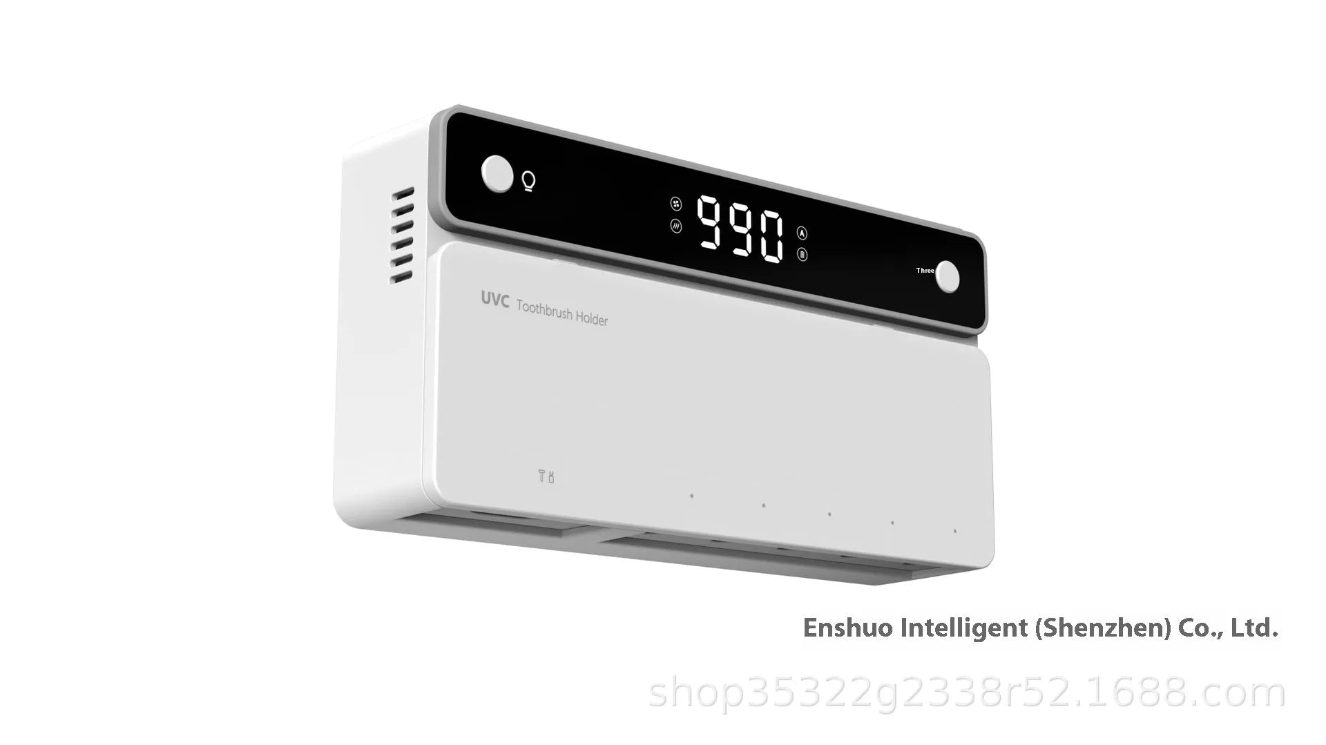 Black toothbrush sterilizer mounted on bathroom wall with UV disinfection and automatic drying