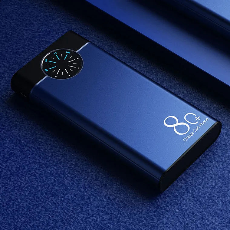 Slim black 20000mAh portable power bank with alloy shell and LED flashlight