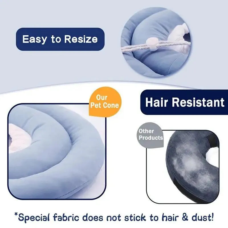 Adjustable waterproof Elizabethan recovery collar for dogs and cats in blue, shown with size chart