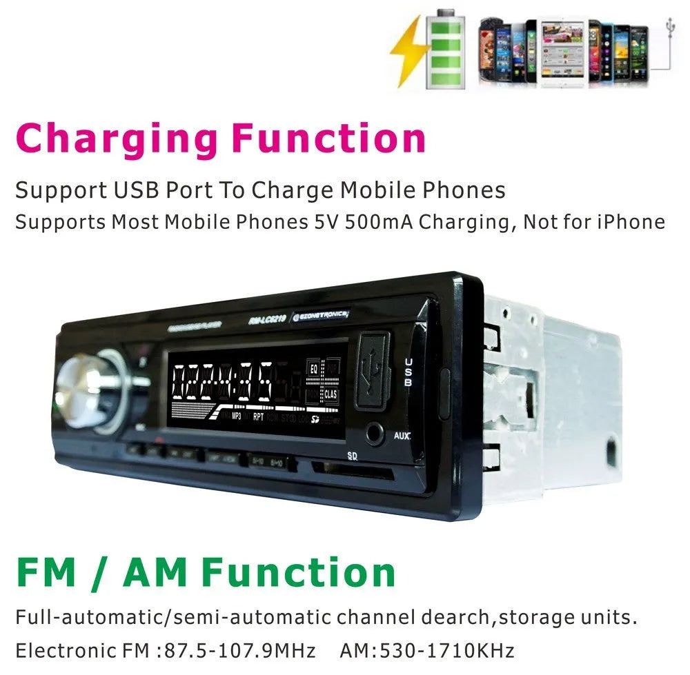 Car stereo receiver with Bluetooth, USB port, SD card slot, and display screen