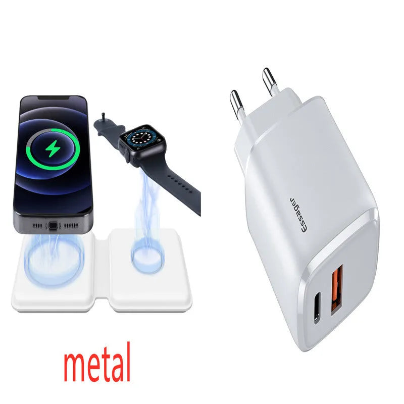 White 2 in 1 magnetic wireless charger with foldable design showing dual charging surfaces