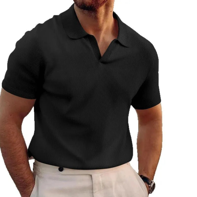 Men's slim fit summer T-shirt with waffle texture and lapels in black, grey, khaki, blue or white