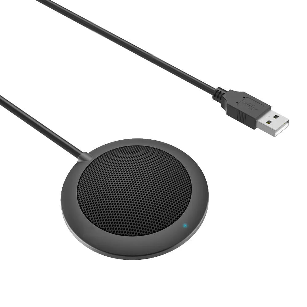 Black USB desktop conference microphone with metal mesh grill and 70mm diameter.