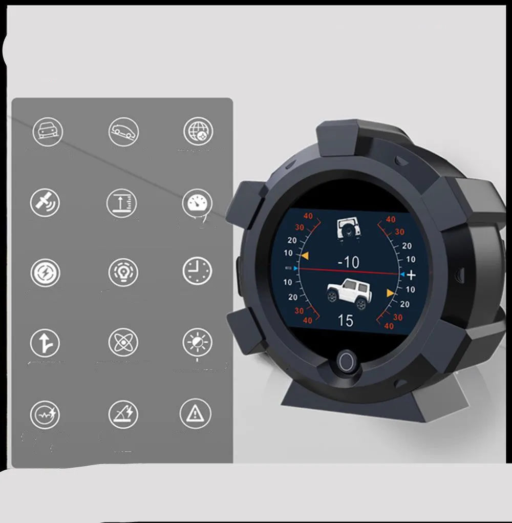 Car incline meter with altitude display showing slope angle, designed for off-road vehicle dashboard mounting OBD colour variant