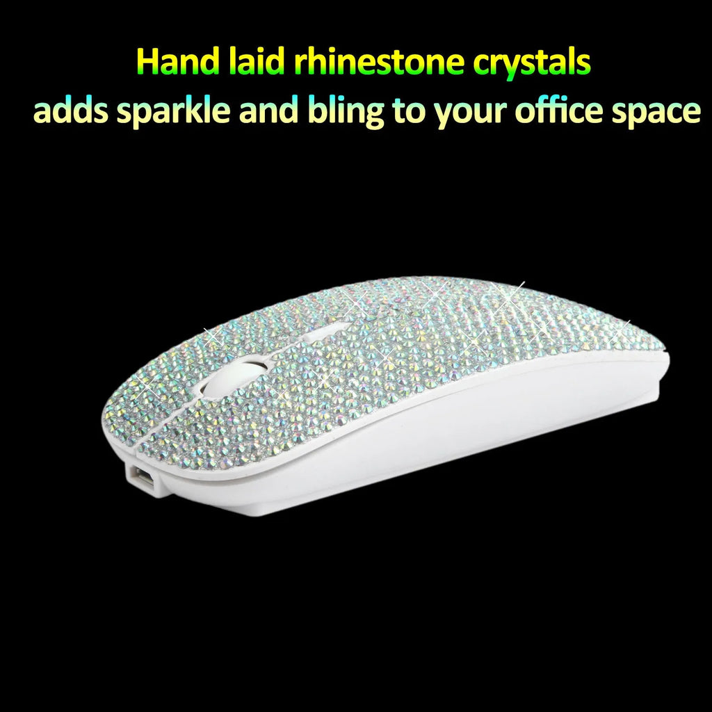 White wireless optical mouse with 2.4G connectivity, 4 keys, and rechargeable 450mAh battery on a desk