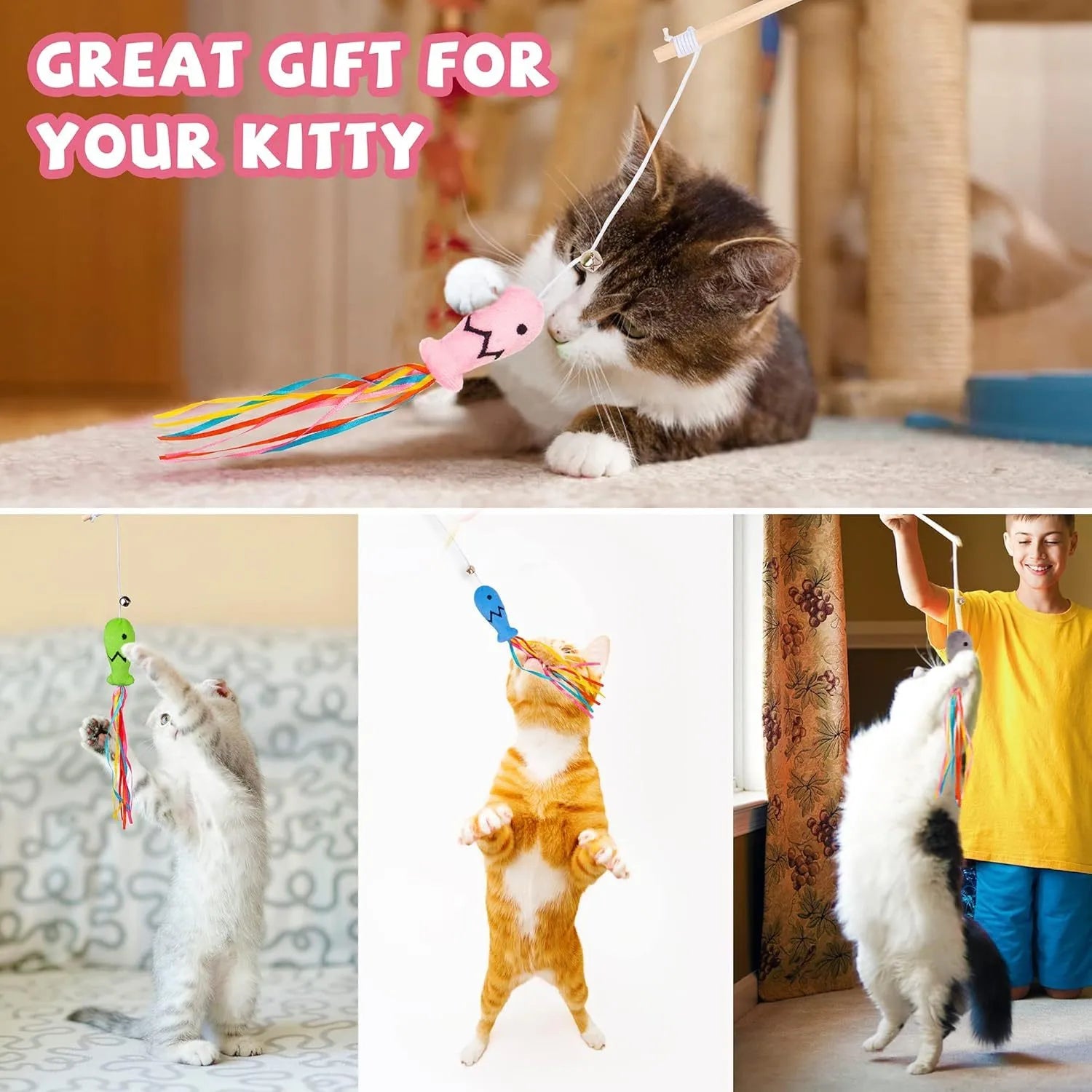 Wooden-handle cat wand toy with colourful ribbons, catnip fish, and bell for interactive indoor play