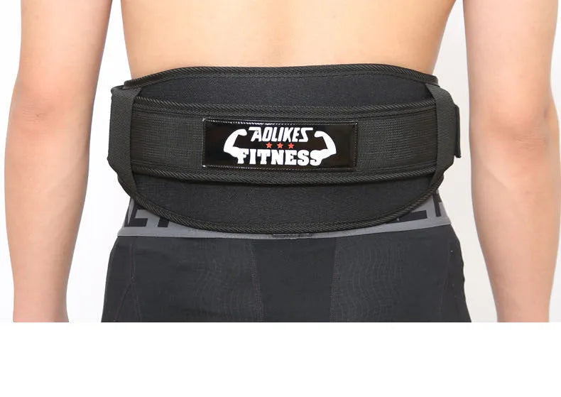 Black nylon fitness weightlifting waistband shown on an adult, adjustable and designed for support.