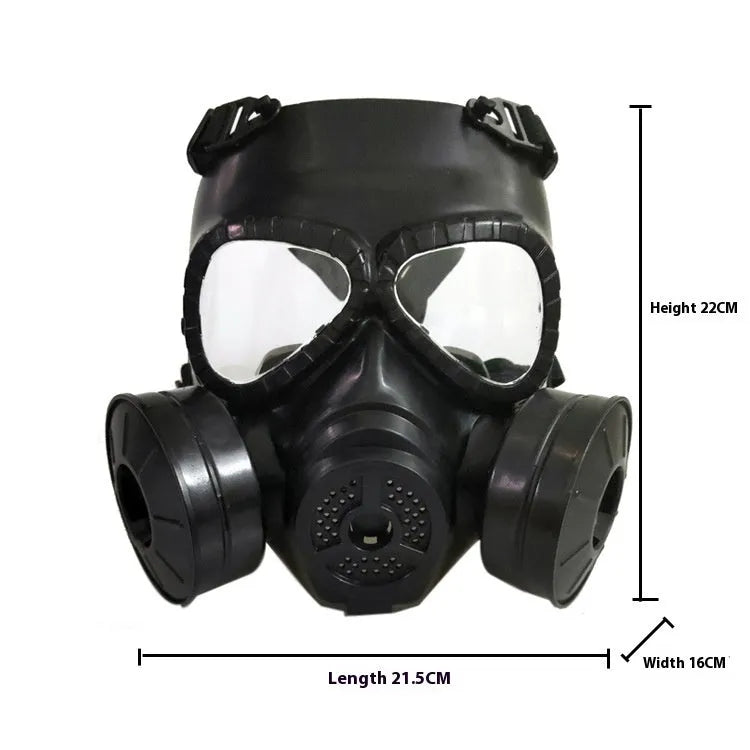 Real-life Field Equipment twin fan mask in black with transparent lens, head-mounted TPR design for outdoor use