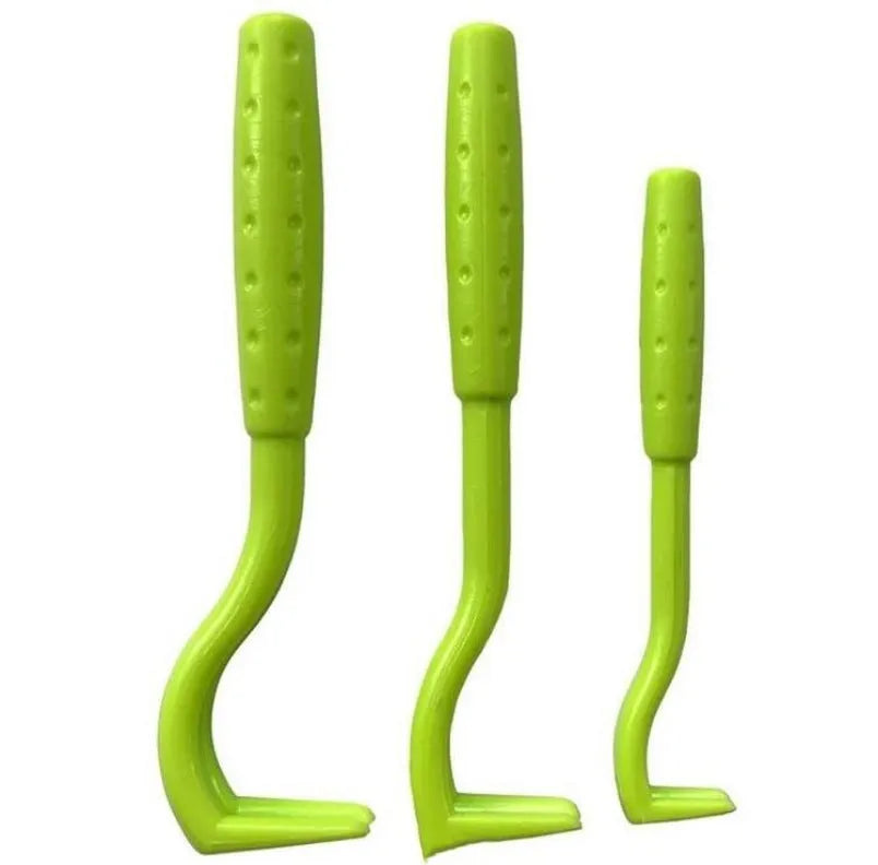 Three blue plastic tick removal hook clips for dogs and cats on a white background.