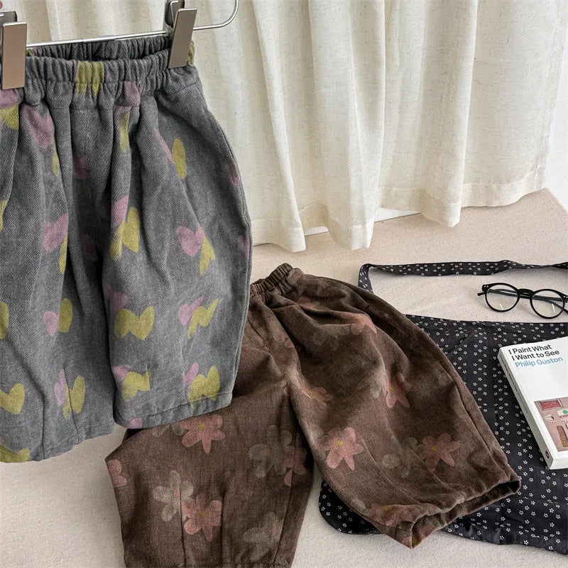 Pure cotton casual children's pants in brown and gray with high waist hair band belt for 80cm to 130cm heights