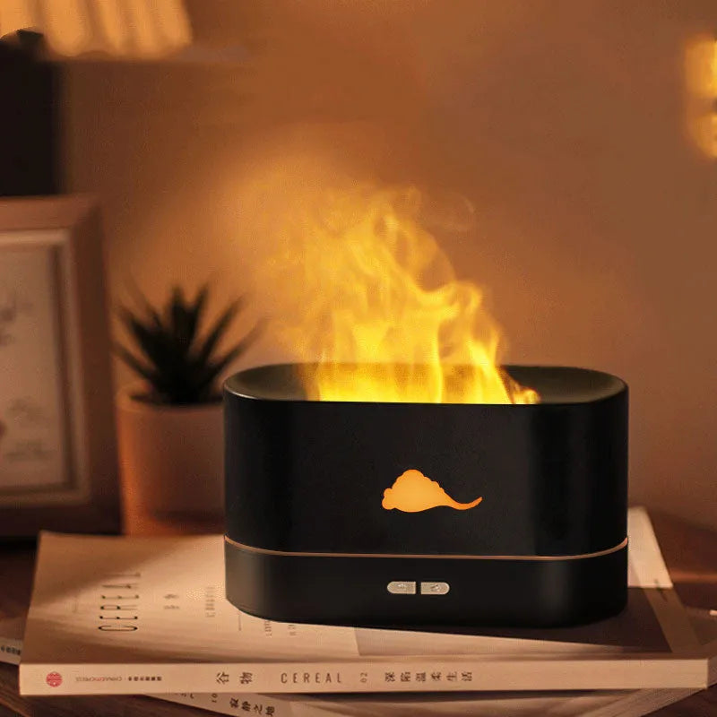 Square desktop flame humidifier with crystal salt stone and colourful atmosphere lighting
