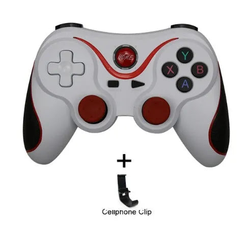 Upgraded X3 Bluetooth wireless game controller for Android phones in black or white, shown with phone clip attached.