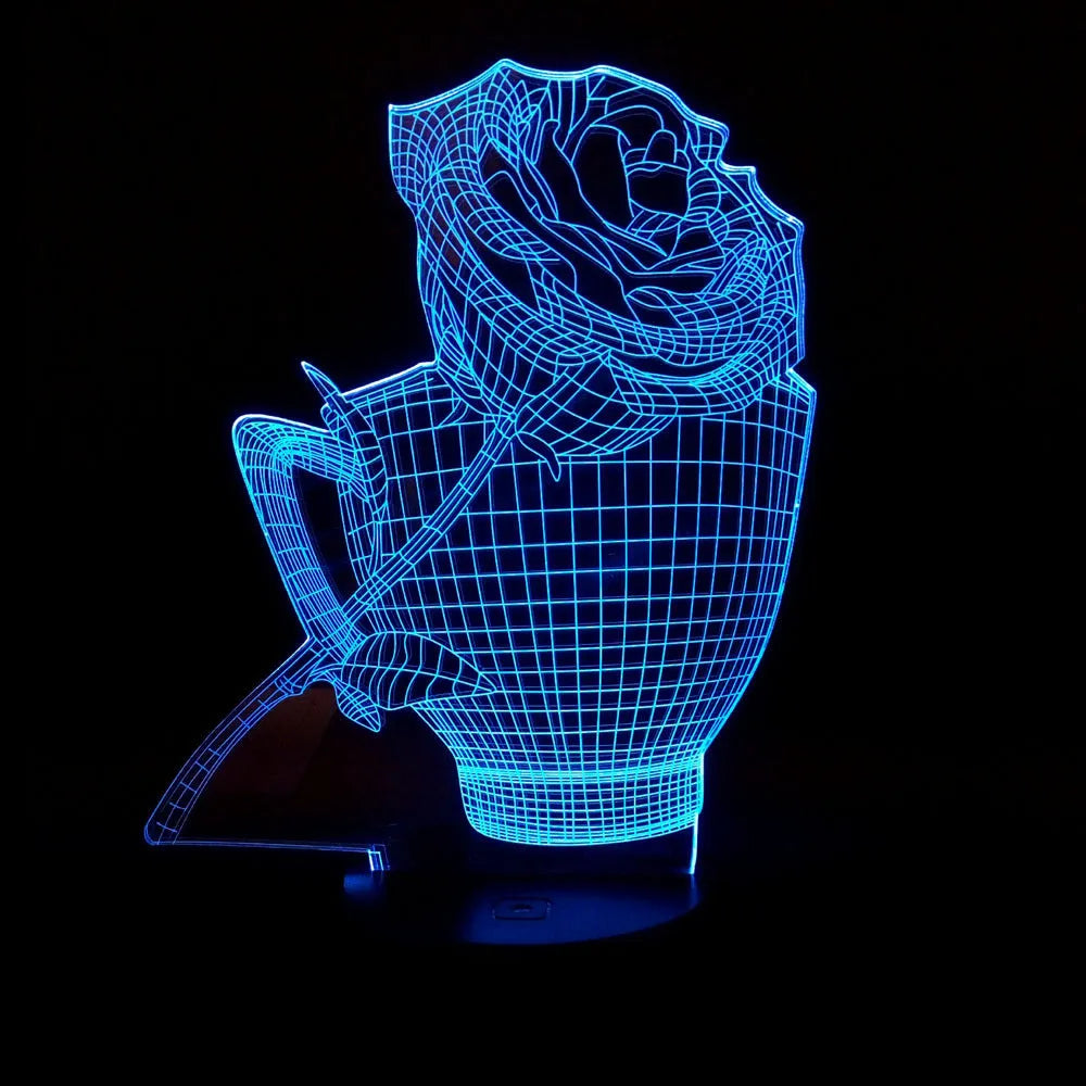 3D rose flower design night light with colour-changing LEDs on a black ABS base.