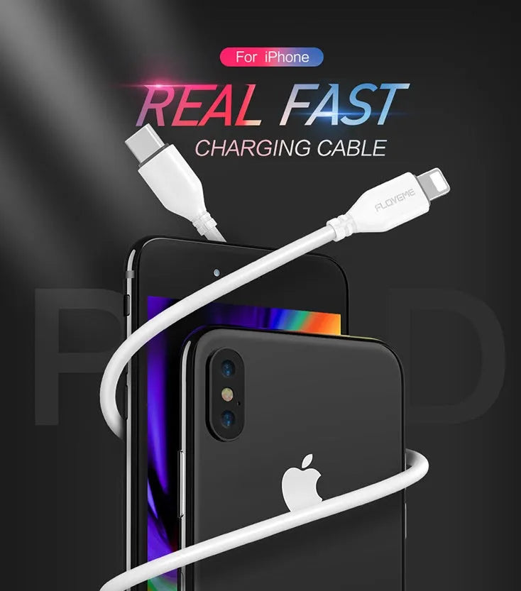 White USB-C to Lightning charging cable with nylon braiding shown at full 2-metre length