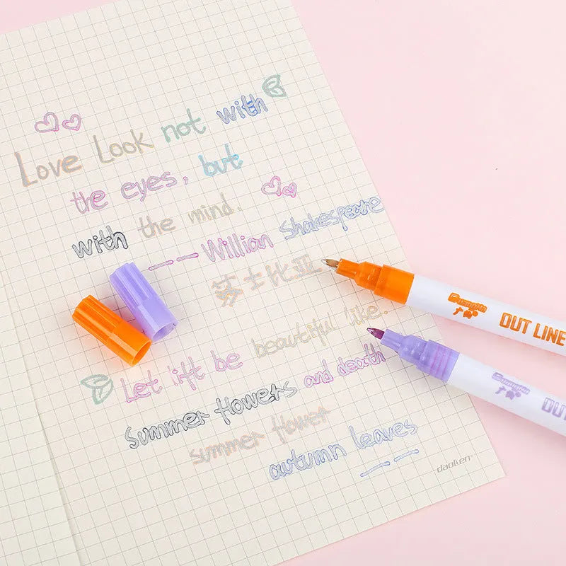 Eight colour fluorescent markers with fine 2mm tips arranged beside their 14cm x 8.9cm packaging box