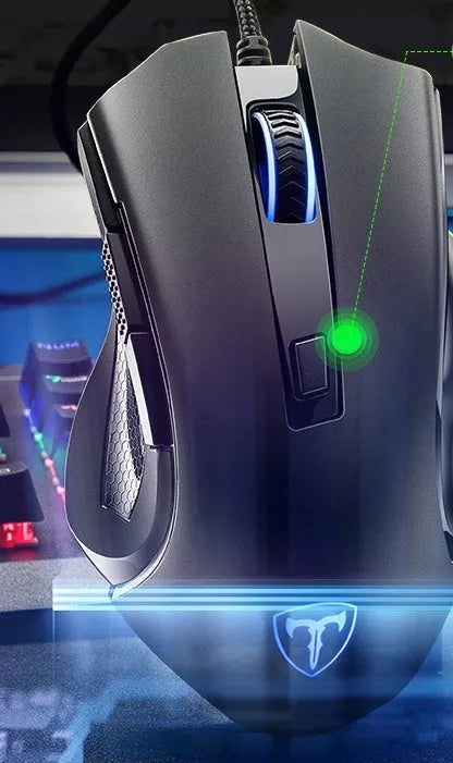 Black wired gaming mouse with six buttons, 130x85x45mm, USB cable, on desk