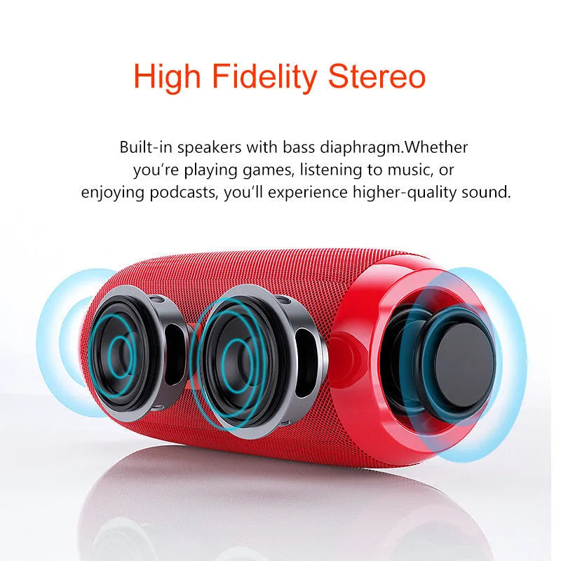 Portable IPX5 waterproof Bluetooth speaker in black with mesh grille and cylindrical design