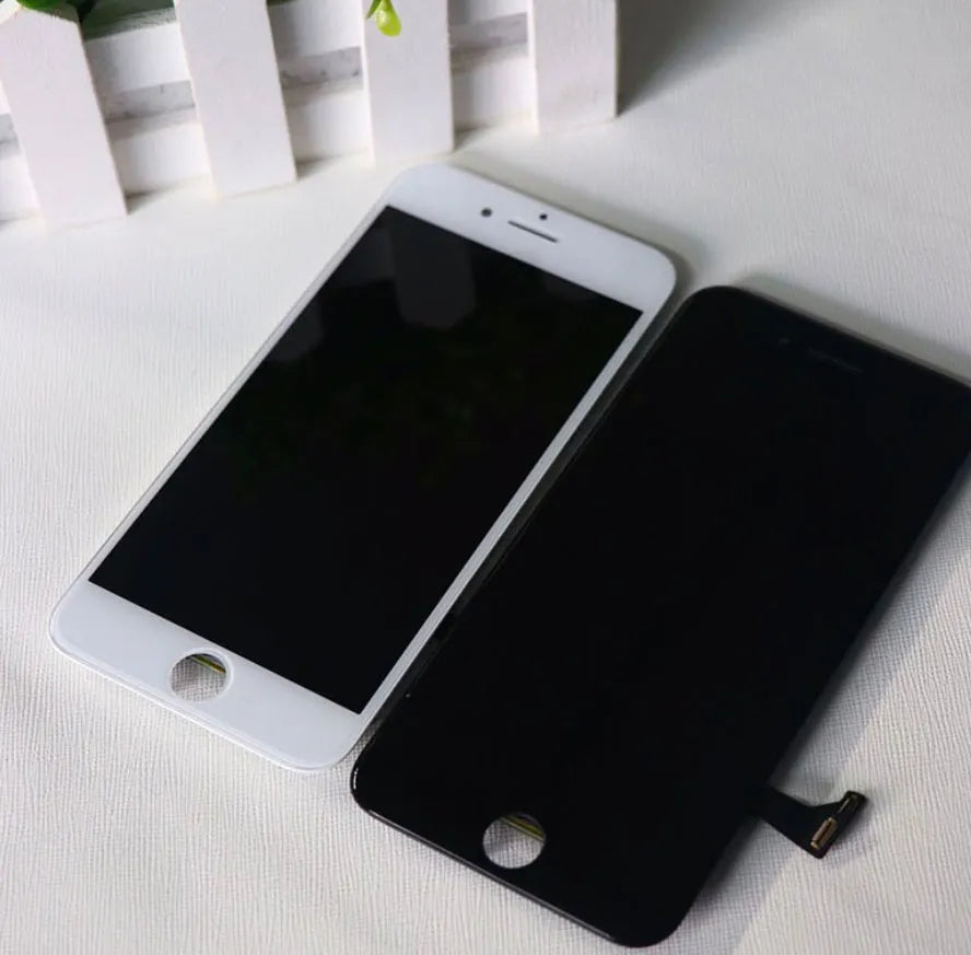 iPhone LCD screen replacement display with capacitive touch, shown with a black frame and a disassembly tool.