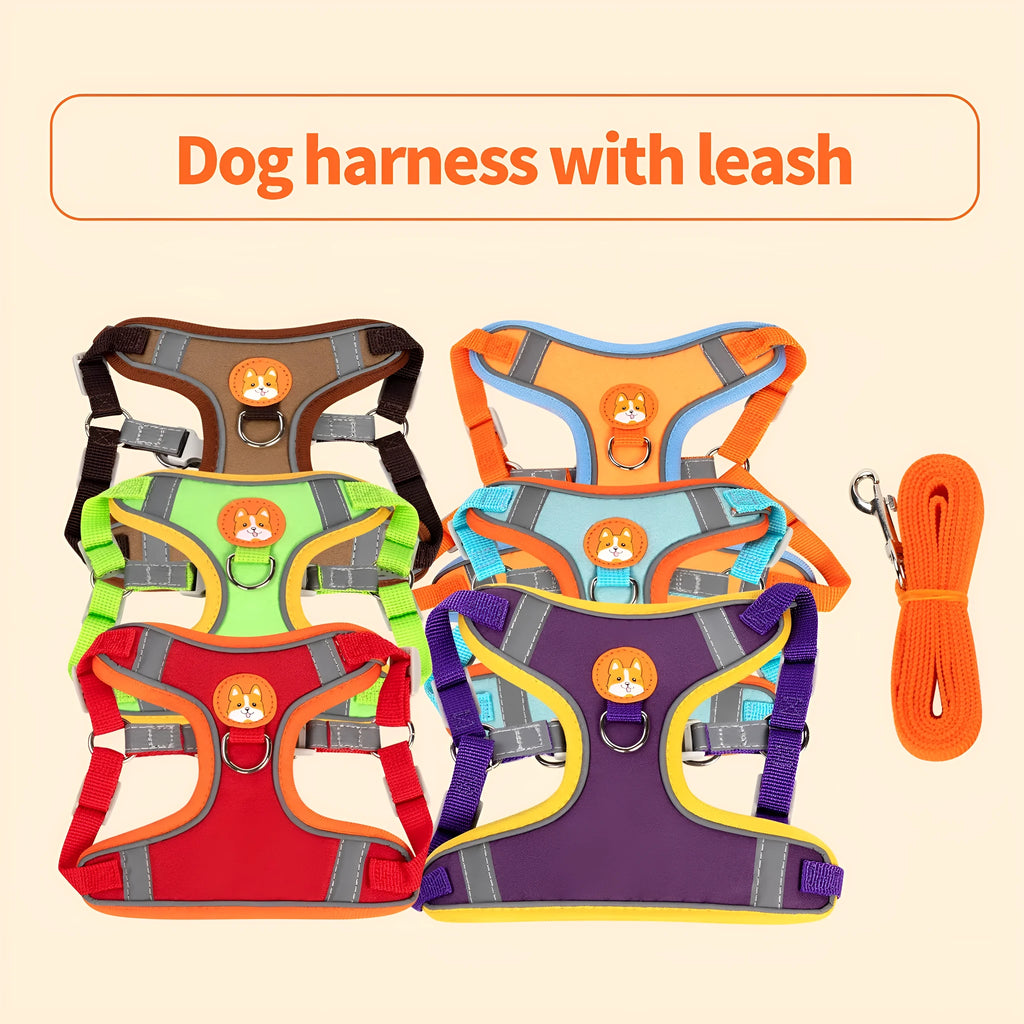 Purple adjustable dog vest harness with an attached haulage rope laid flat.