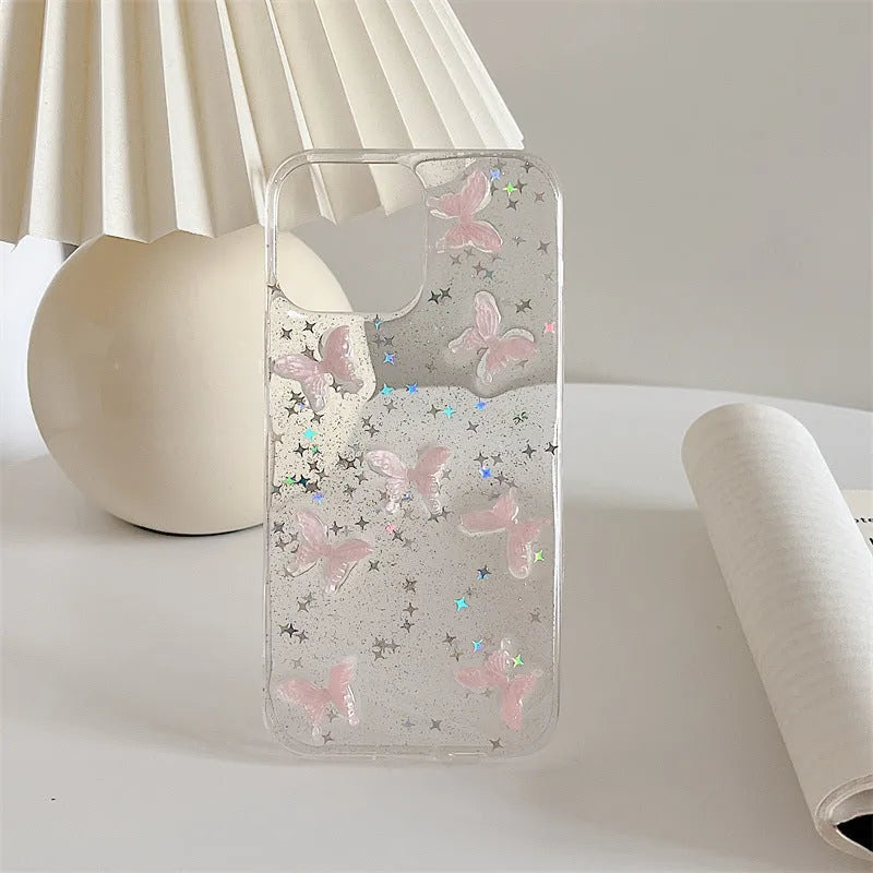 TPU back cover for iPhone 13 Pro Max with 3D dream pink butterfly design, transparent glue base, slim profile