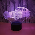 Classic car USB 3D night light with acrylic panel, ABS base, and remote control showing seven colour options