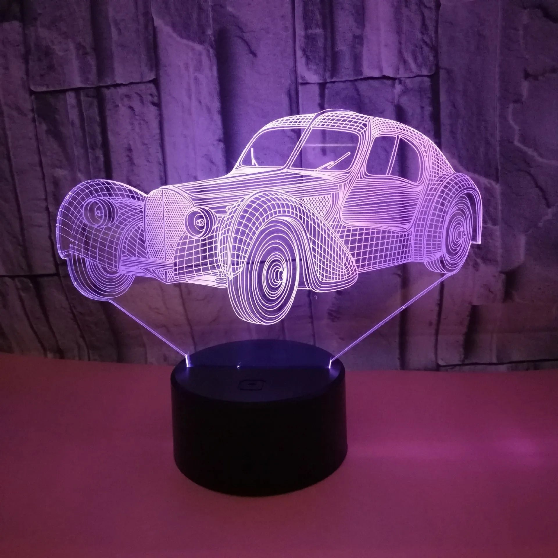 Classic car USB 3D night light with acrylic panel, ABS base, and remote control showing seven colour options