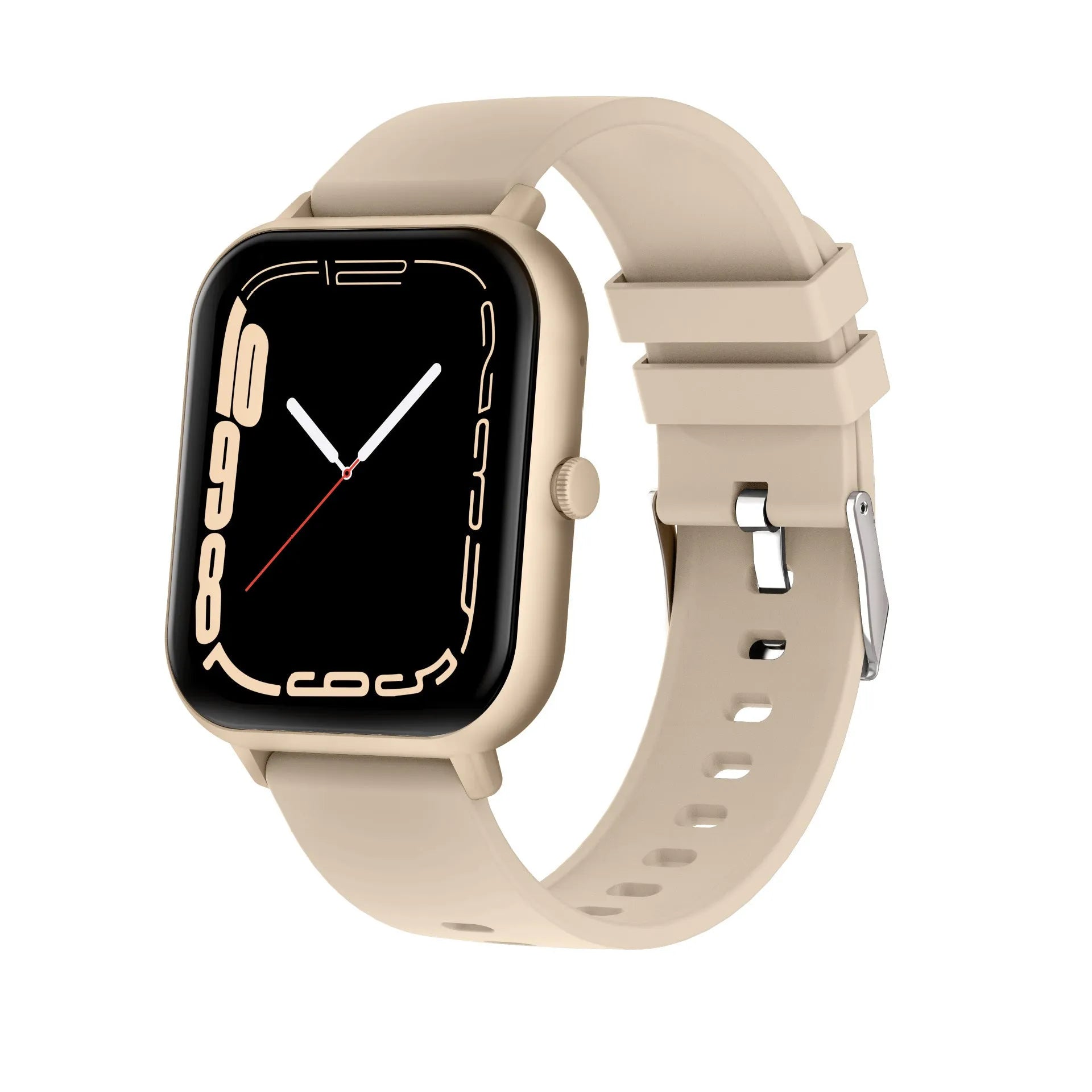 Black Bluetooth smart watch with TFT touch screen displaying heart rate and step count.