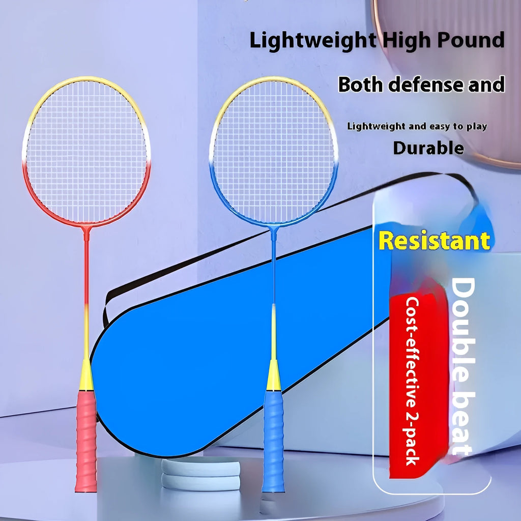 Pair of blue and red alloy badminton rackets with split body design on a court.