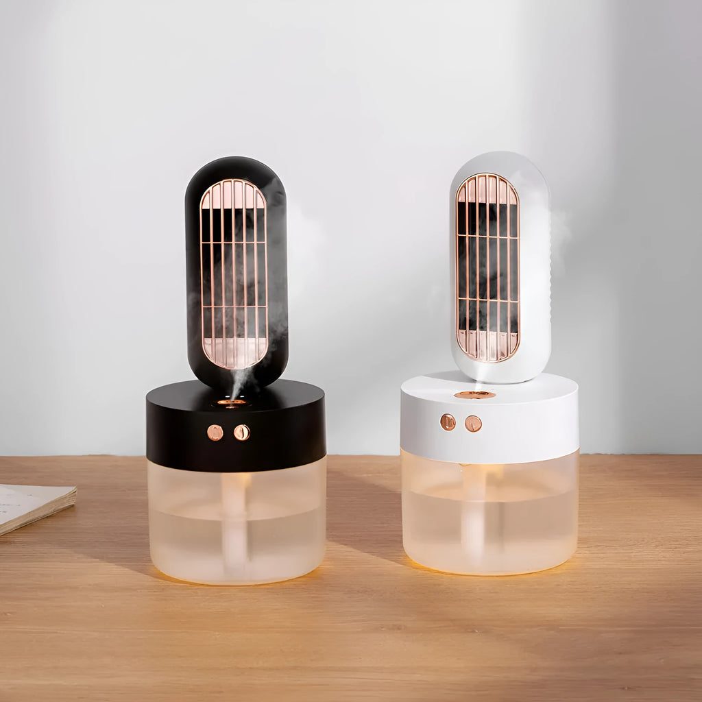 Small black and white humidifier fan with oscillation feature and USB-C charging port