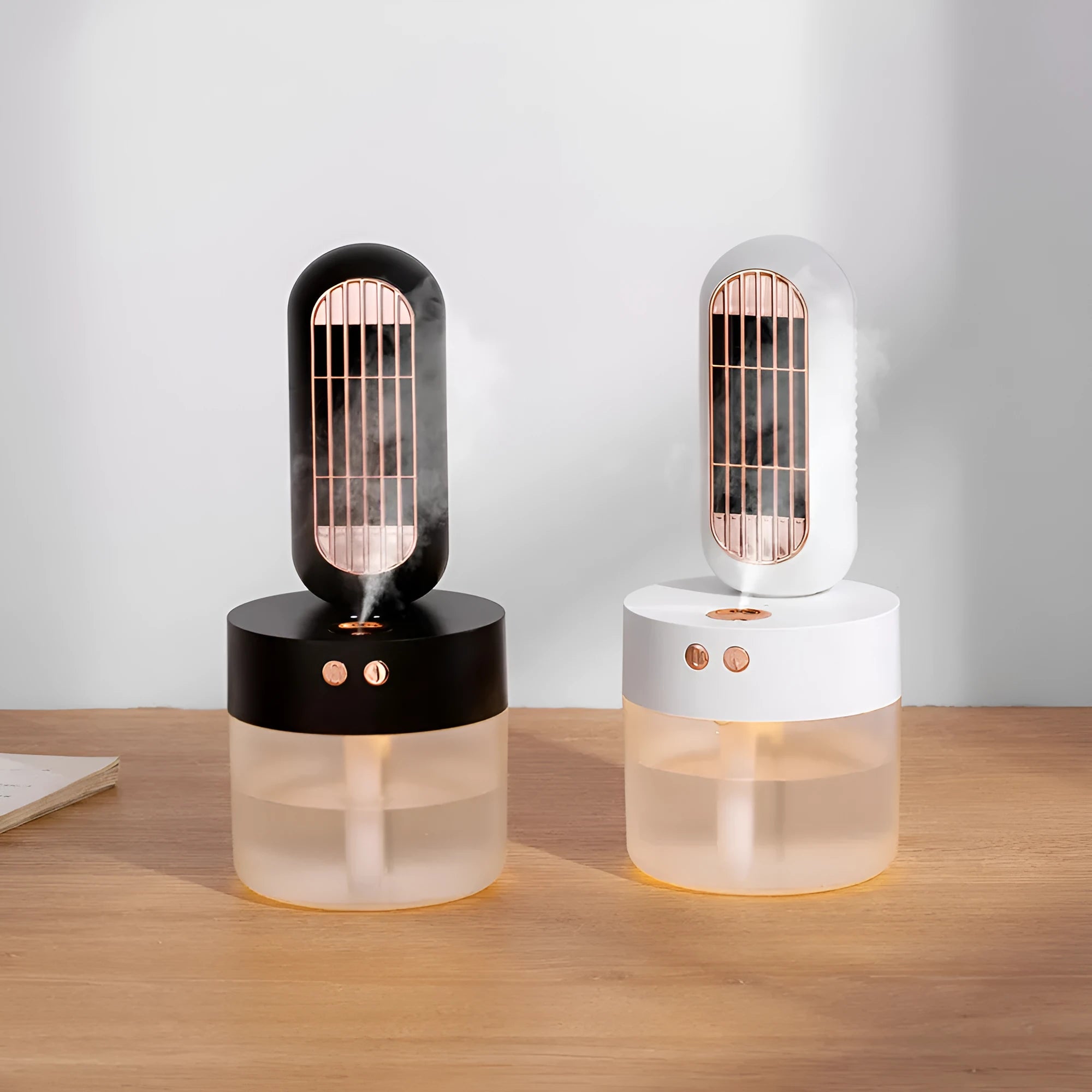 Small black and white humidifier fan with oscillation feature and USB-C charging port