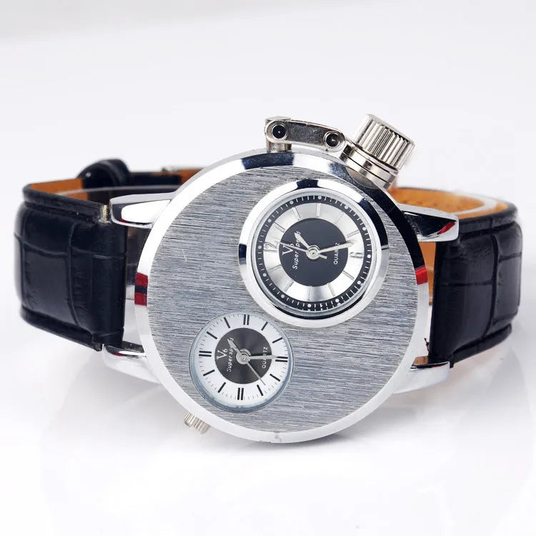 Quartz wristwatch with alloy case and leather belt strap on a white background