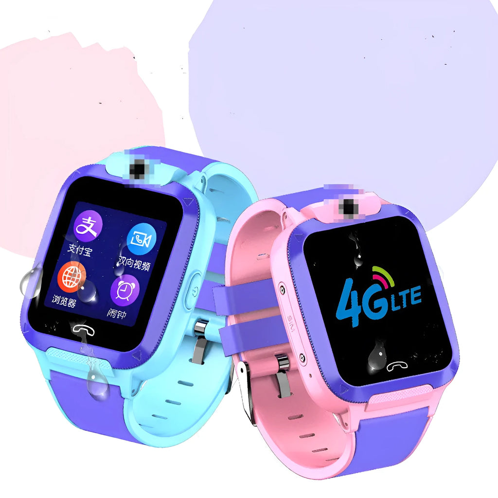 Blue and pink children's smart watch with touch screen for video calls and GPS tracking.