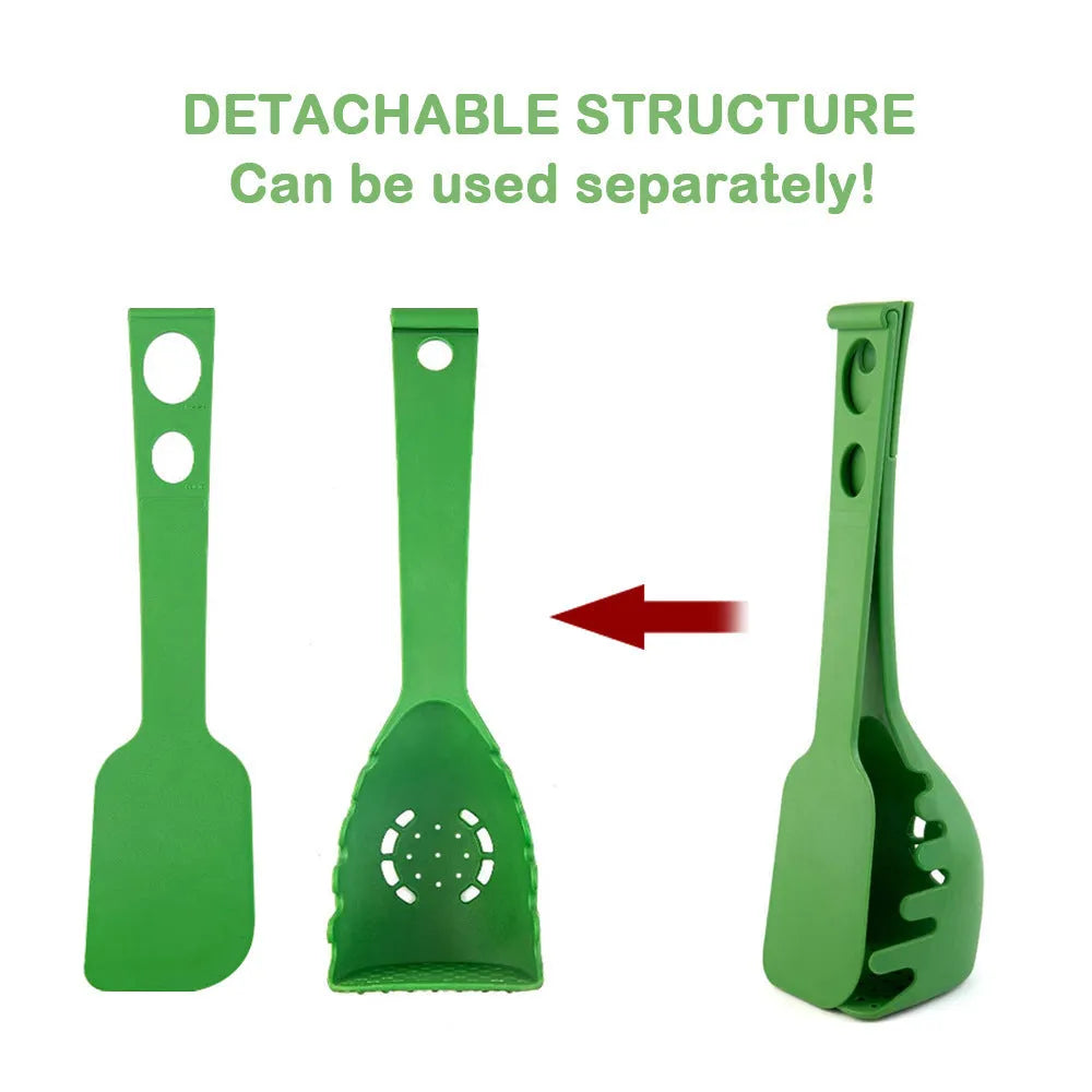 Plastic kitchen utensil set showing multifunction shovel and spaghetti serving spoon