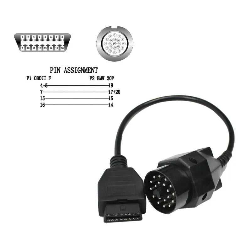 BMW 20-pin male to standard 16-pin OBD2 female diagnostic adapter cable on a workshop bench.
