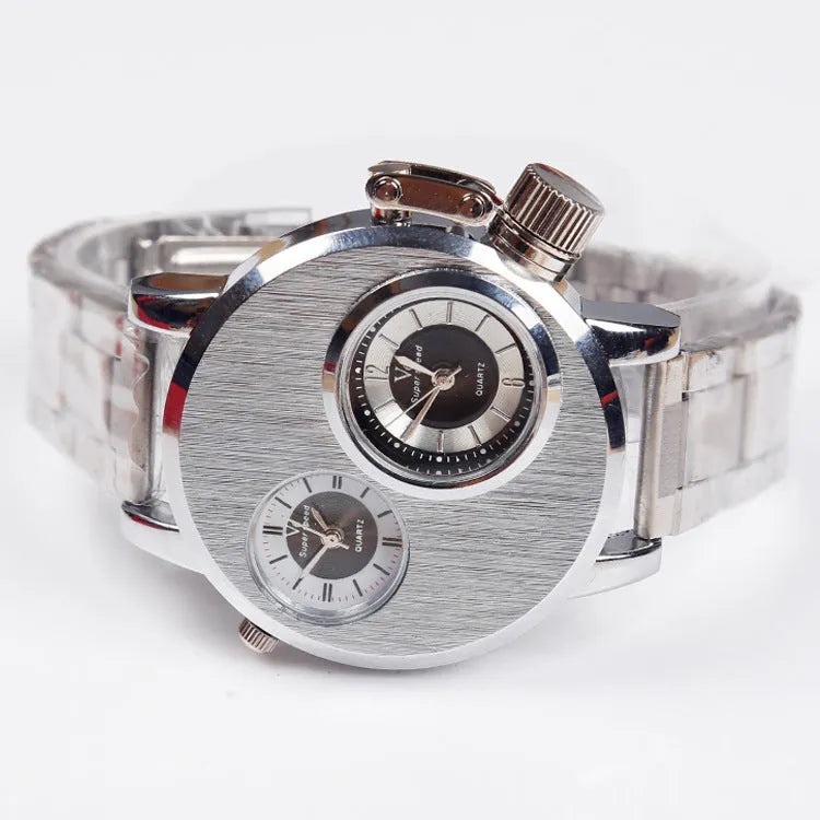 Quartz wristwatch with alloy case and leather belt strap on a white background