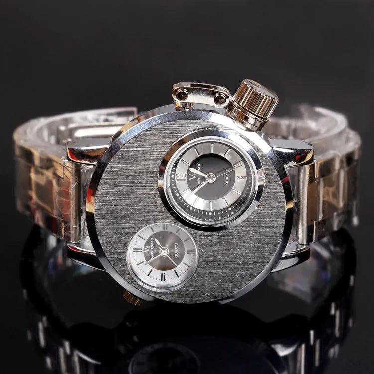 Quartz wristwatch with alloy case and leather belt strap on a white background