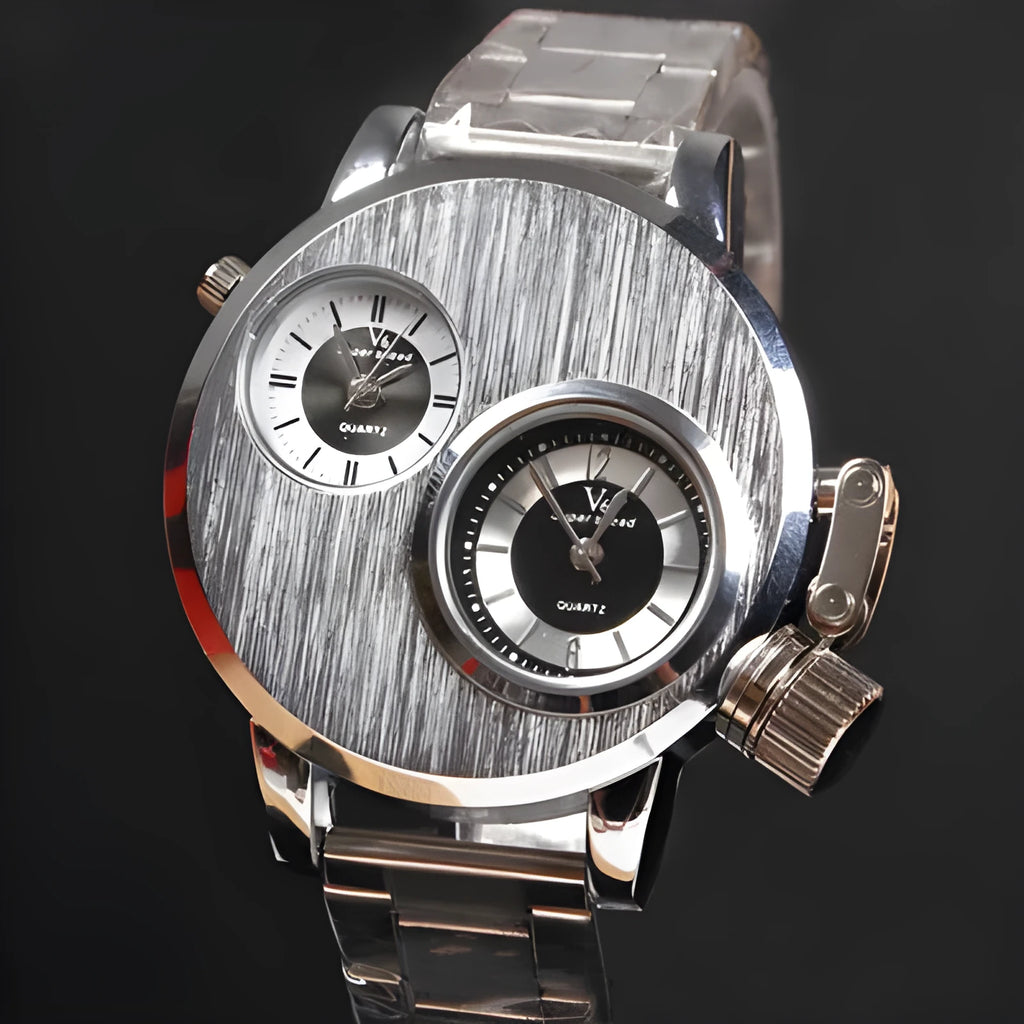 Quartz wristwatch with alloy case and leather belt strap on a white background