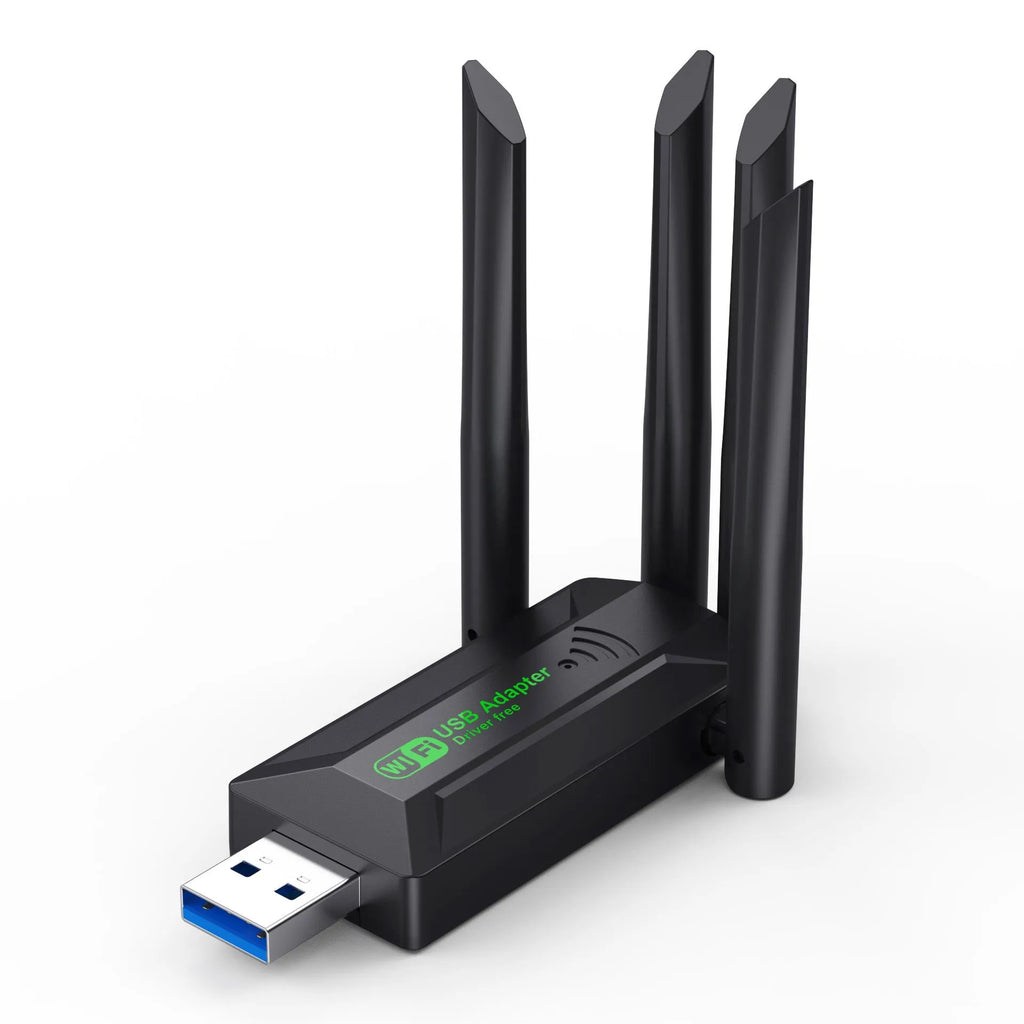 Black USB network transmitter with four extended antennas for wireless computer connectivity