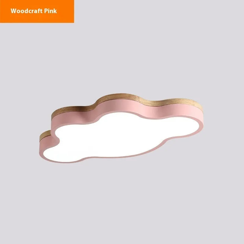 Modern wooden cloud-shaped LED ceiling lamp mounted on a white ceiling.
